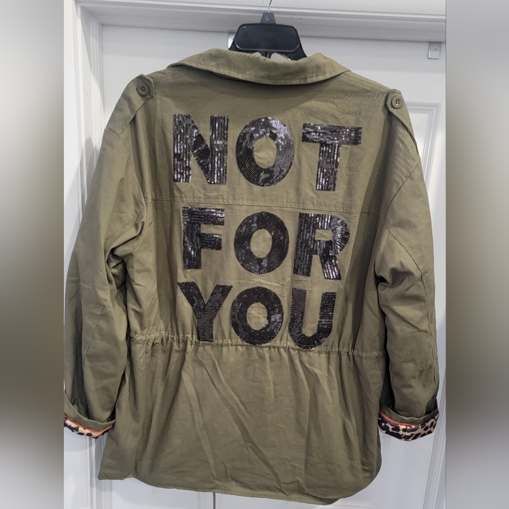 "Not For You" sequin khaki star women's utility Jacket with leopard lining 3XL - Picture 7 of 7